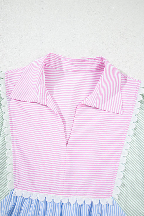 Multicolour Striped Patchwork Ric Rac Puff Sleeve Collared Mini Dress